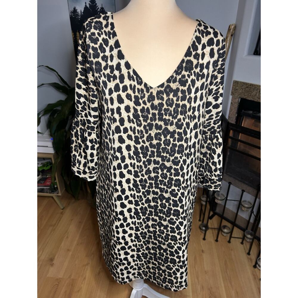 Belongsci Leopard Print V Neck Mini Shift Dress Womens Ruffle Bell Sleeve Md